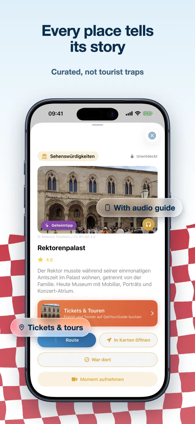 Detail view of the Rector's Palace with a credited photo, a rating, a short description and actions for tickets, route and audio guide.